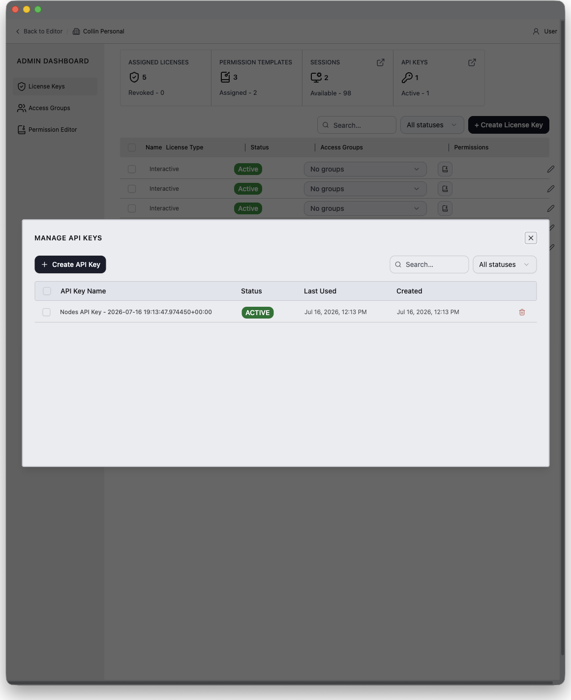 The API Keys modal