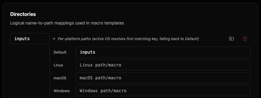 A directory expanded into Default, Linux, macOS, and Windows path inputs
